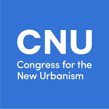 Logo for CNU, Congress for the New Urbanism, on a blue background