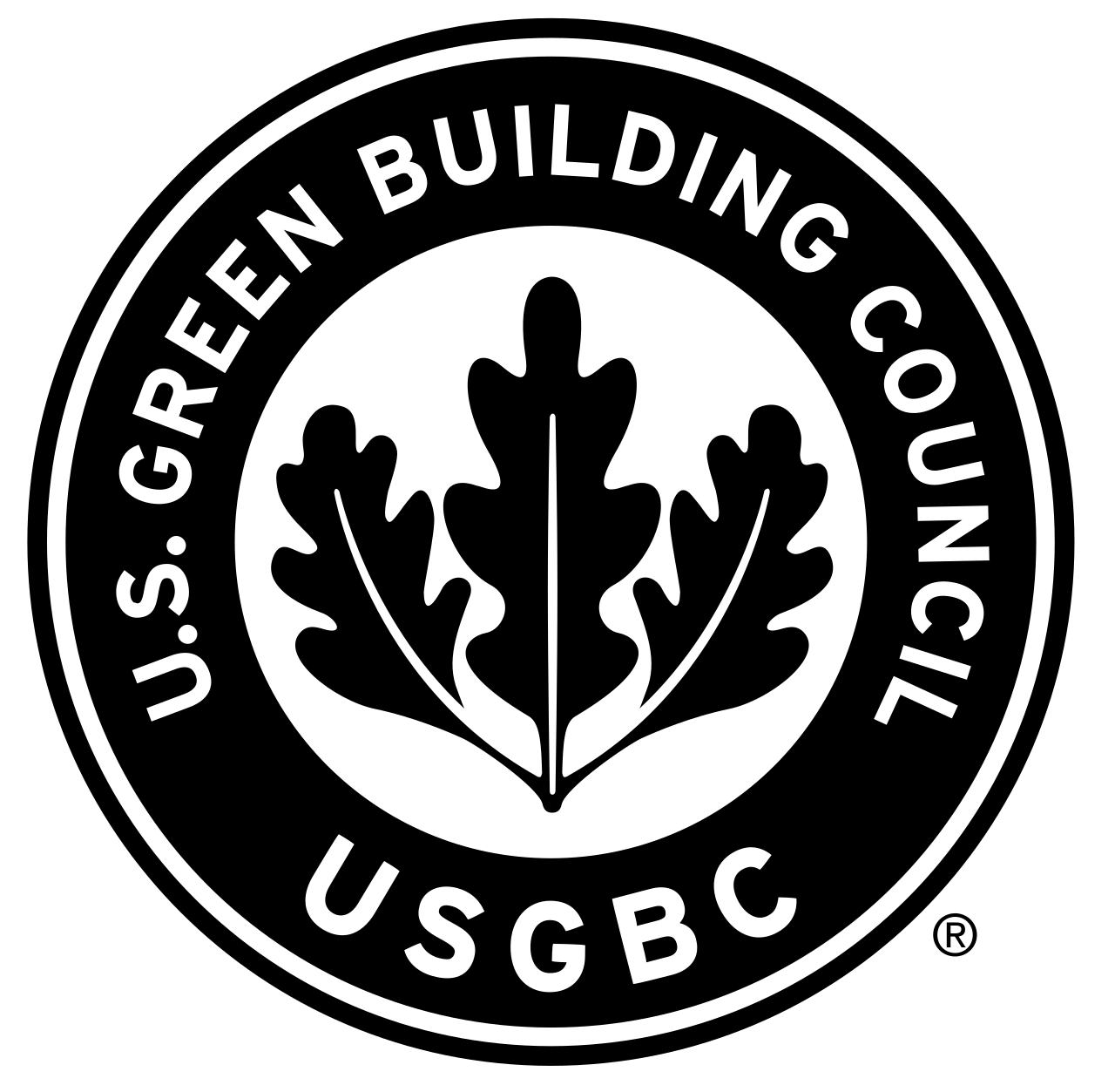US Green Building Council logo with a black and white design of an oak leaf in the center, surrounded by the words 'U.S. Green Building Council' and the acronym 'USGBC'.
